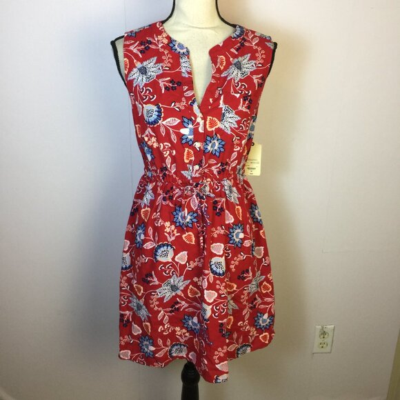 New! St. John’s Bay Dress XS Red Blue Floral Sleeveless Drawstring Waist - Picture 1 of 14